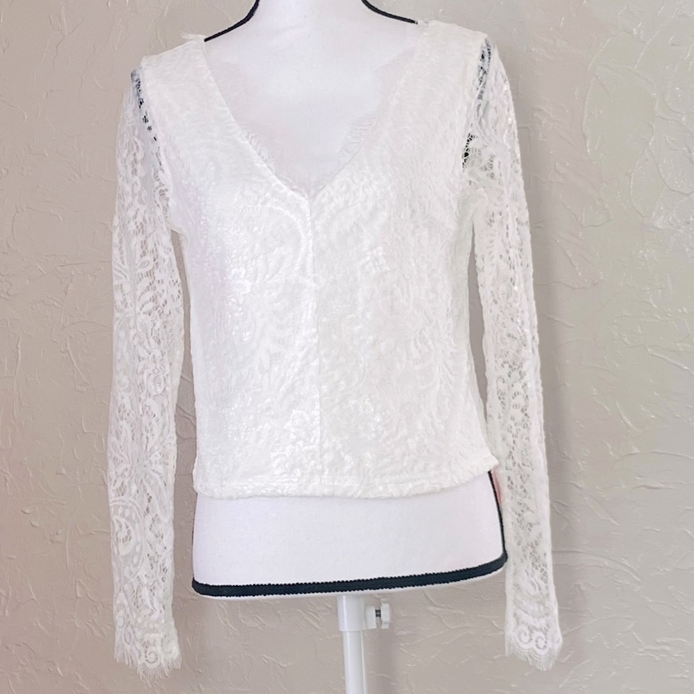NWT Chicwish white lace long sleeve deep V blouse